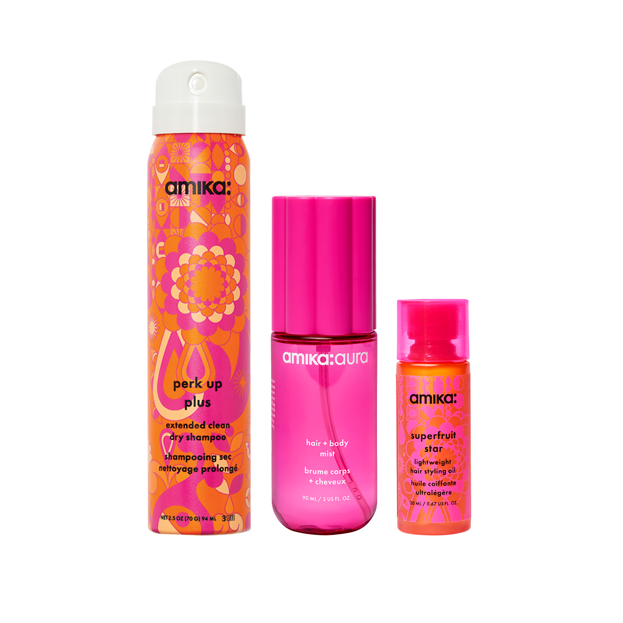 refresh. prep + mist set amika:aura hair + body mist. perk up plus dry shampoo. superfruit star styling oil