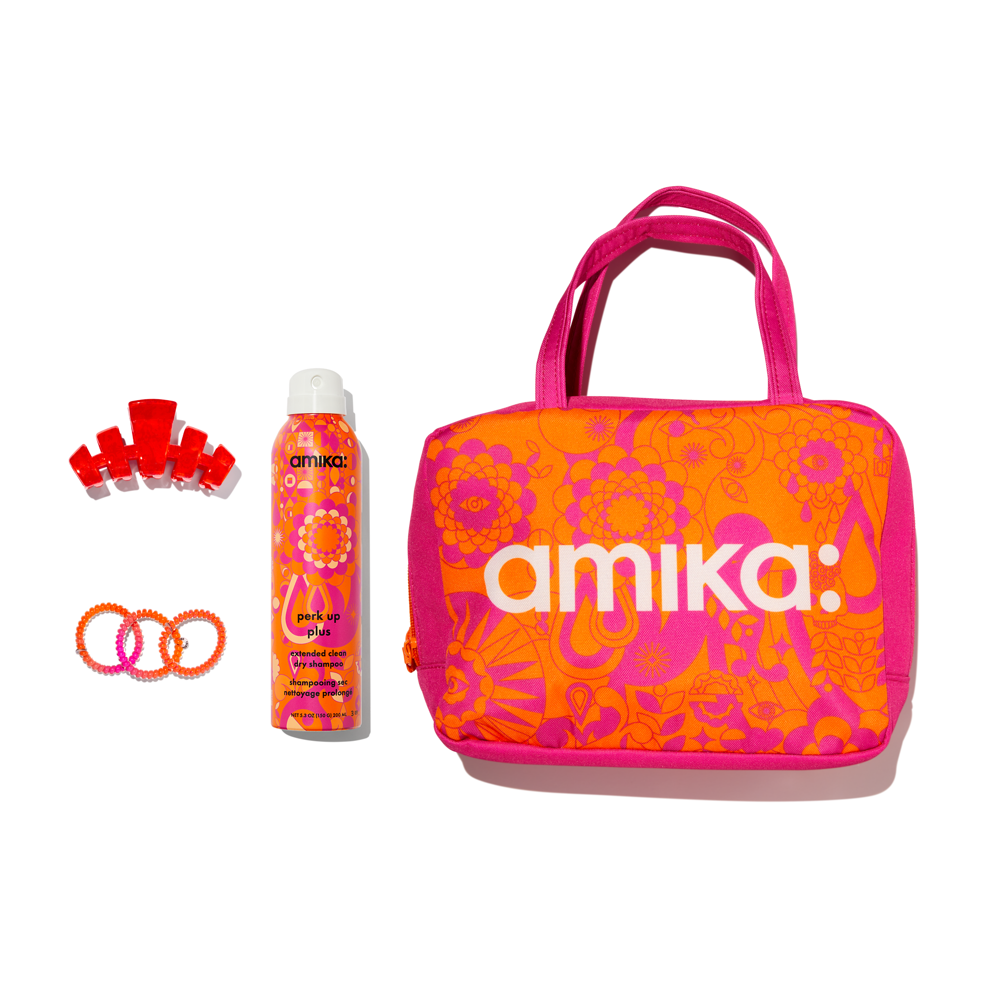 amika x TELETIES necessities set 3 pc hair ties. clip. essentials bag + perk up plus