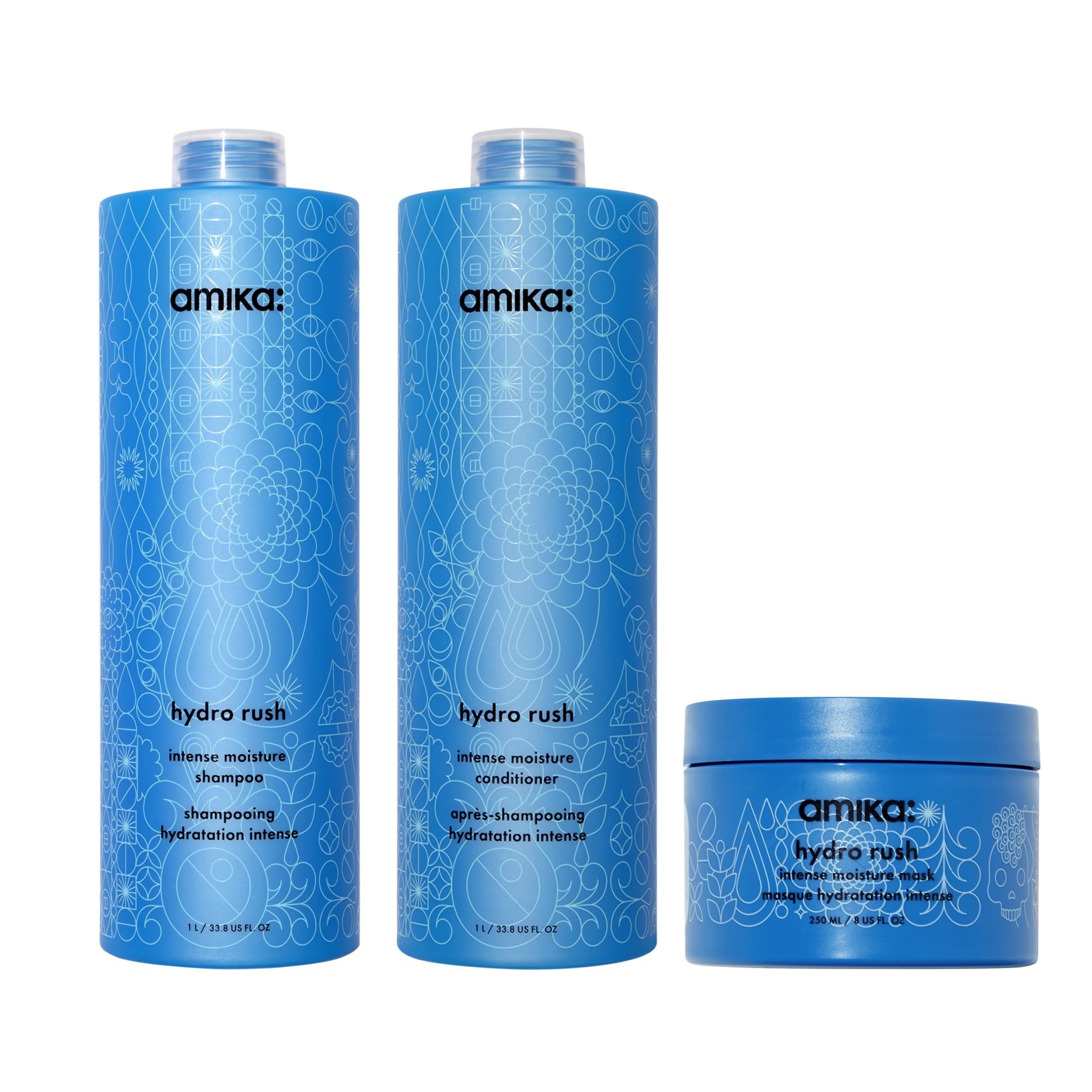 super-sized hydration set hydro rush intense moisture shampoo. conditioner + hair mask with hyaluronic acid